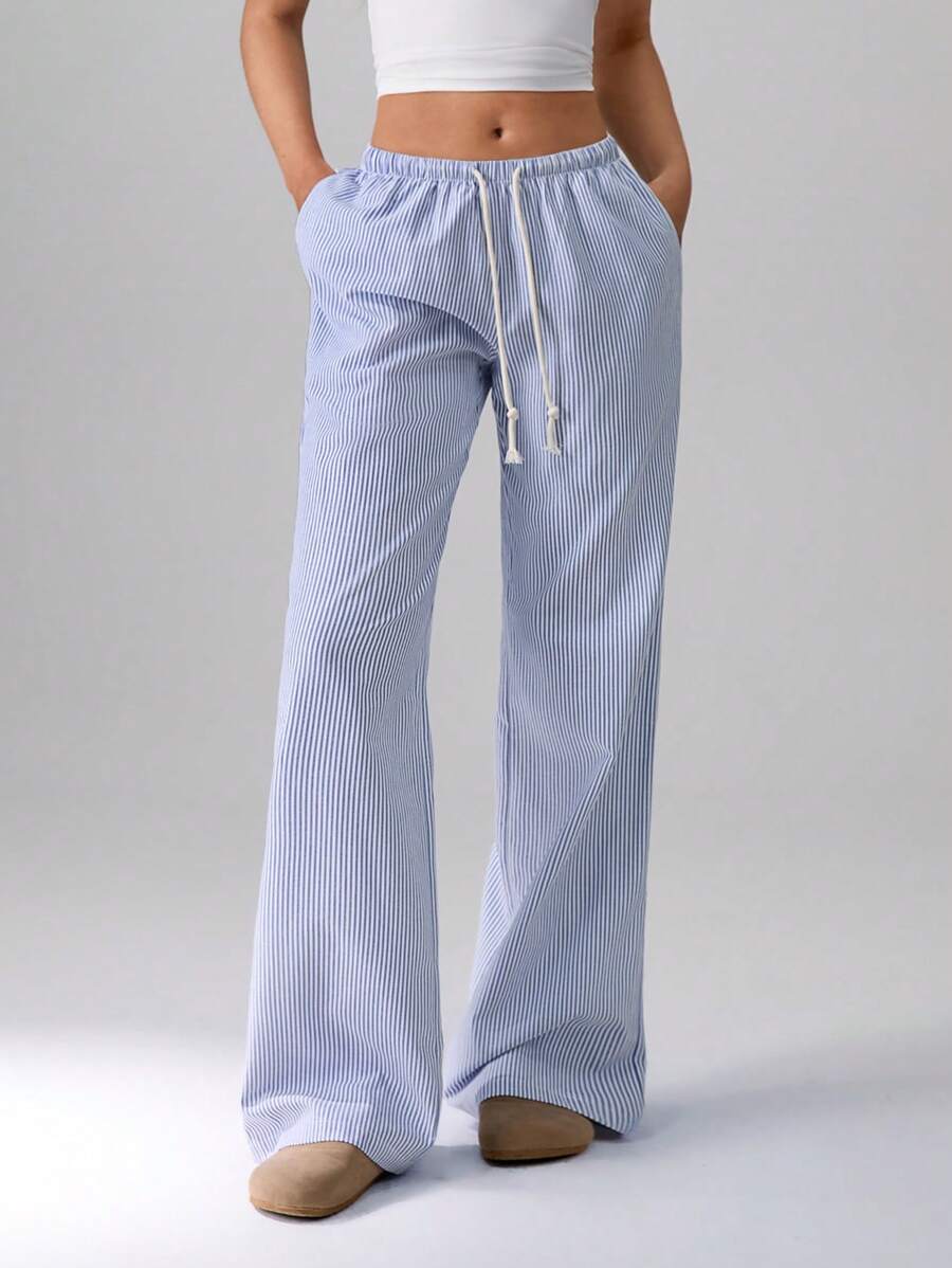 TRNVIE Pink 100% Cotton Low Waist Drawstring Tie Straight Leg Pants, Fashionable Casual Homewear For Women, Spring Fall Cloth For Women