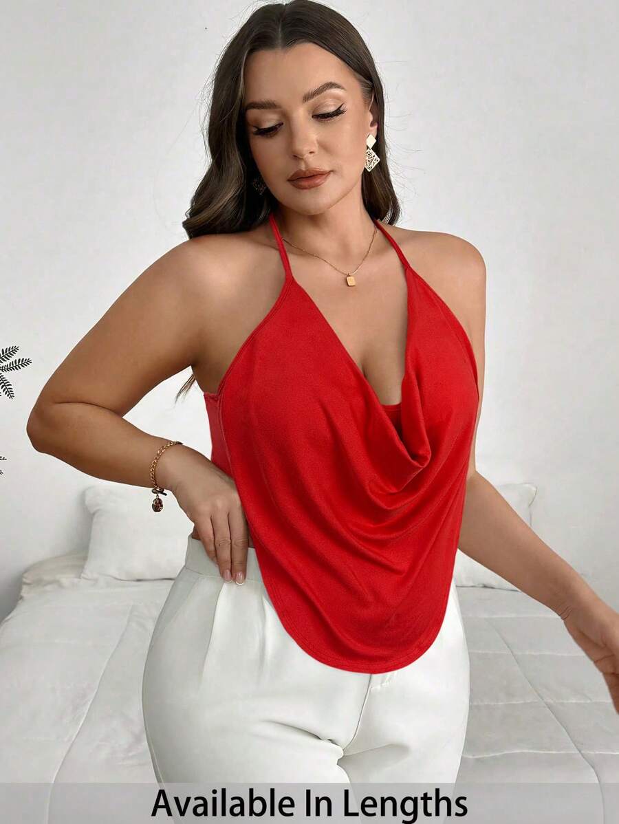 SHEIN PETITE CURVE 夏季大码性感纯色围脖领露背吊带背心