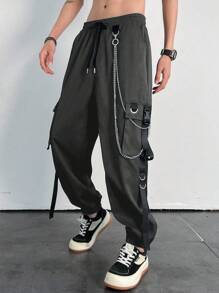 Manfinity Roghcode Loose Fit Men's Chain Detail Flap Pocket Cargo Pants - Dark Grey - View 1