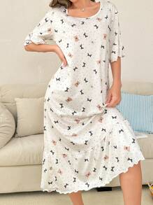 SHEIN Ruffle Trim Short Sleeve Sweet Bear & Bow Print Long Nightgown Babydoll Bowknot, Moo Moo - Beige - View 5