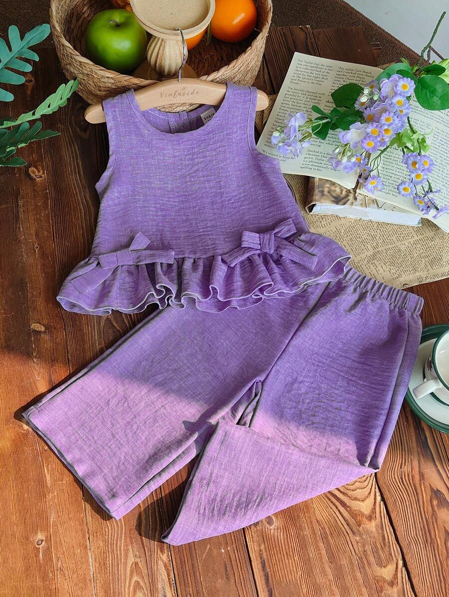Vintaside Kids Bộ 2 món/Bộ áo liền quần không tay nơ dễ thương thường ngày cho bé gái - Màu tím - Xem 1