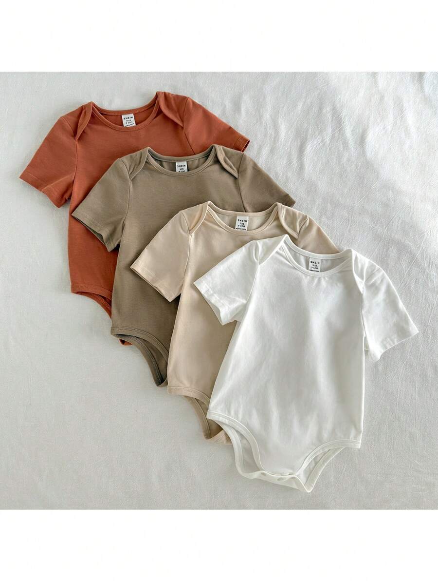 Loomiva 4pcs Baby Boy Solid Color Soft Knit Crew Neck Short Sleeve Set - Multicolor - View 1