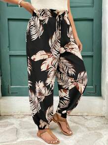 SHEIN Frenchy Women Plus Size Tapered Waist Printed Loose Pocket Pants, Comfortable Casual Leisure Trousers Suitable For Daily Wear