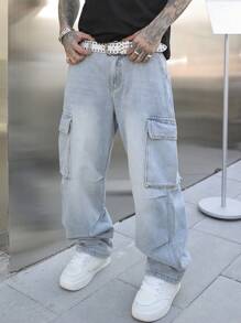 Manfinity EMRG Men's Casual Washed Straight Leg Cargo Jeans - Light Wash - View 6