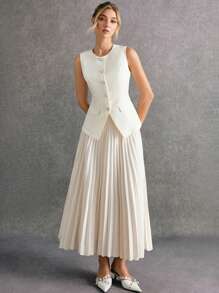 Poéselle 女士优雅杏色无袖粗花呢上衣和褶皱中长裙套装，包含一件饰有仿珍珠纽扣的无袖粗花呢背心和一条褶皱中长裙。这款精致的杏色套装散发着法式假日优雅气息，适合正式场合和约会等外出活动，以及秋冬季两件套造型。 - 米色 - 查看 3