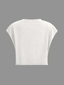 Slaydiva 休闲简约红色樱桃图案字母印花宽松短款圆领短袖T恤女，略显透视，适合夏季 - 白色 - 查看 3