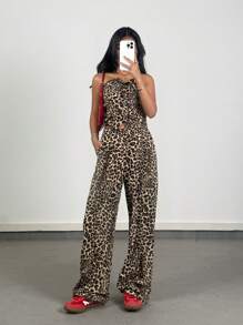 SHEIN Teen Girls Spring/Summer 2pcs Leopard Print Front Button Bustier Crop Top And Pocketed Pants Set - Brown - View 1