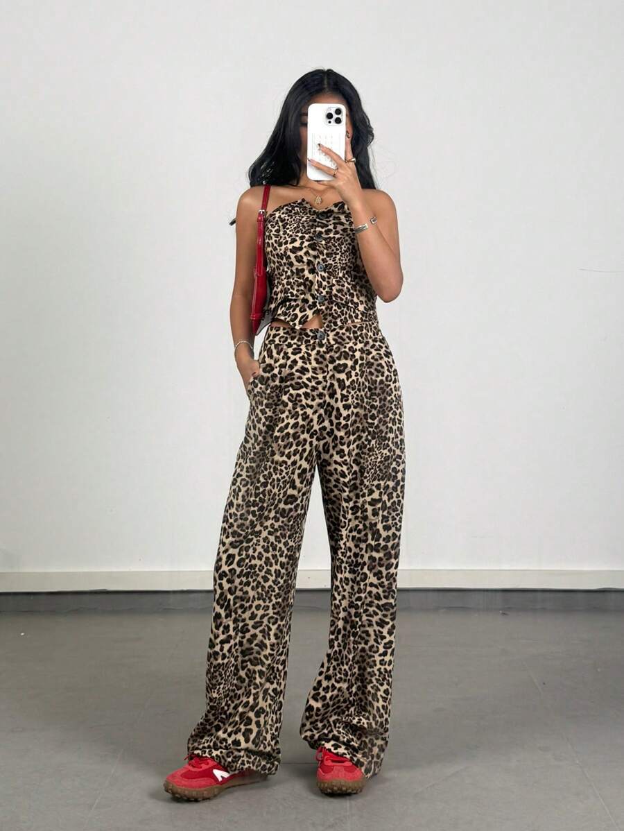 SHEIN Teen Girls Spring/Summer 2pcs Leopard Print Front Button Bustier Crop Top And Pocketed Pants Set - Brown - View 1