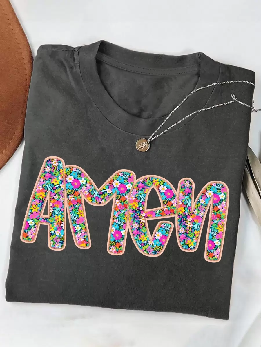 INAWLY 女士字母印花短袖休闲宽松圆领 T 恤