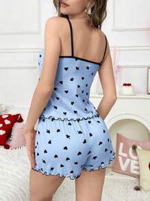 SweetSlumber 2pcs Valentine's Day Contrast Color Ruffles Heart Print Camisole And Shorts Pajama Set - Blue - View 2