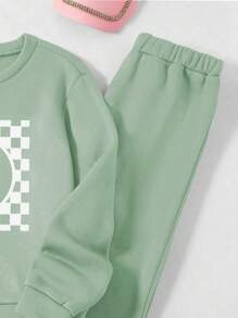 女童两件套：笑脸格子印花圆领长袖上衣和纯色裤子 - 綠色 - 查看 3