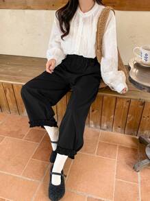 FRIFUL Women's Casual Solid Color Flare Pants,Ruffle