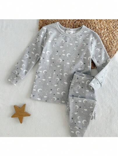Loomiva 女宝宝舒适睡衣星月图案针织柔软圆领长袖套头上衣松紧腰裤紧身两件套