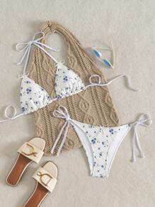 SHEIN Swim 2pcs/Set Women Floral Pattern Party Halter Backless Bikini Set