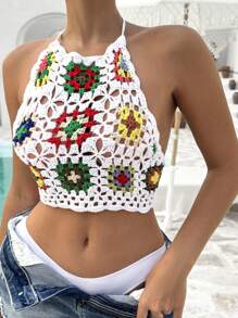 Swim Mod Summer Beach Women Crochet Bikini Cover Up Handmade Knitted Beachwear With Random Flower Patterns - Multicolor - View 3