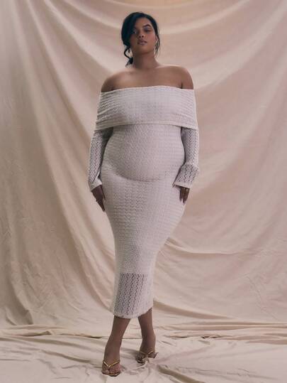 MUSERA 大码露肩翻领针织修身长裙，适合度假、休闲、优雅飘逸、百搭