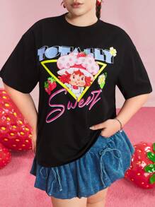 Strawberry Shortcake X SHEIN 加大码字母和卡通人物图案短袖黑色T恤 S 码女款夏季女式T恤女款可爱T恤女款可爱T恤女款狂欢节/音乐会女款/狂欢/乡村音乐会/纳什维尔/伊比沙岛 - 黑色 - 查看 4