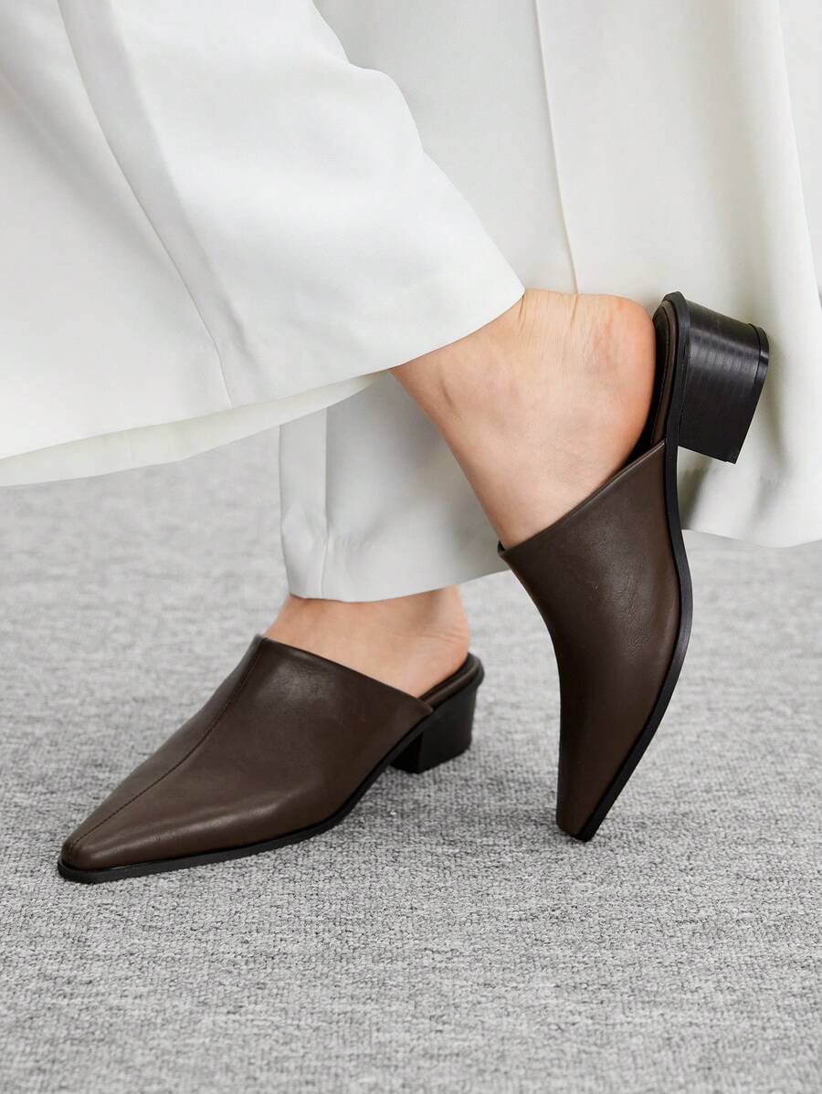 CUCCOO BIZCHIC Women's Black Pointed Toe Chunky Heel Mules, Elegant Office Wear High Heel Slip-On Shoes, Aesthetic Spring Casual Look For Christmas Spring Shoes - Brown - View 1