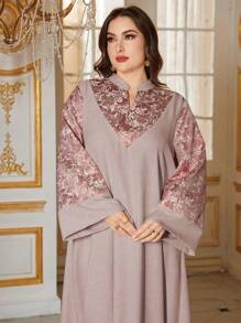 Al Najma Robe longue ample de grande taille avec broderie, kaftan modeste