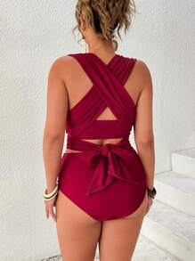 Swim Lushoire Plus Size Satin Shine Halter Style Bikini Top, Suitable For Vacation, Elegant Party For Summer - Burgundy - View 8