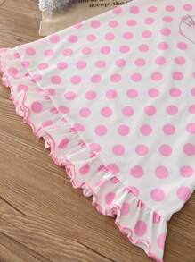 SHEIN Young Girl Cute Minimalistic Rabbit & Polka Dot Print Round Neck Short Sleeve Ruffle Hem Dress - Pink - View 5