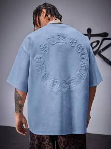 AXEPEAK Men's Street Style Gothic Letter Air Layer Suede Embossed Loose Dropped Shoulder Crew Neck Short Sleeve T-Shirt, Summer, Streetwear Essentials