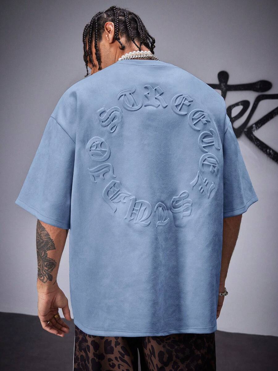 AXEPEAK Men's Street Style Gothic Letter Air Layer Suede Embossed Loose Dropped Shoulder Crew Neck Short Sleeve T-Shirt, Summer, Streetwear Essentials