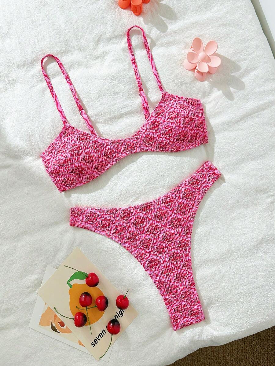 Swim Mod Women Beach Summer Outfits Bikini Set: Random Printed Spaghetti Strap Halter Neck Backless Tank Top And Random Printed High Cut Brazilian Briefs Bottom - Pink - View 1
