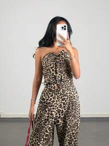 SHEIN Teen Girls Spring/Summer 2pcs Leopard Print Front Button Bustier Crop Top And Pocketed Pants Set - Brown - View 4