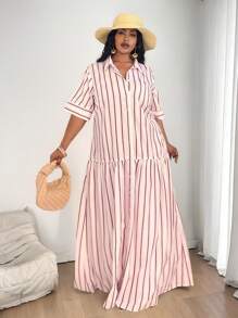 Slaydiva 大码/西式女装条纹短袖衬衫裙，简约时尚 - 彩色 - 查看 7