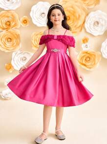 SHEIN Tween Girls 缎面花卉拼布蝴蝶结缀饰腰部连衣裙，紫红色公主风格礼服，适合毕业舞会、生日派对、情人节、花童礼服 - 玫紅色 - 查看 7