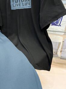 SHEIN 2pcsTeenboy Casual Versatile Comfortable Cost-Effective Casual Monogrammed Crew Neck T-Shirt And Gym Shorts Set;Suitable For Spring, Suitable For Spring/Summer Outing, Spring - Blue - View 6