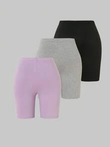 SHEIN 3 件装幼儿女童简约纯色针织短裤，不含上衣，春夏