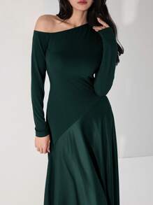 Heiryn Women's Extra Long Dress, Solid Color Oblique Shoulder Long Sleeve, Simple & Fashionable, Suitable For Summer - Dark Green - View 5