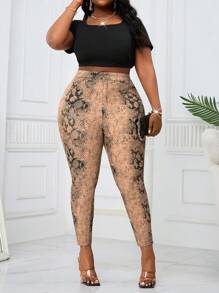 SHEIN EZwear 大码女式蛇纹弹力紧身七分牛仔裤高腰牛仔裤妈妈牛仔裤夏季裤子蛇纹工作服音乐会女装 - 彩色 - 查看 1