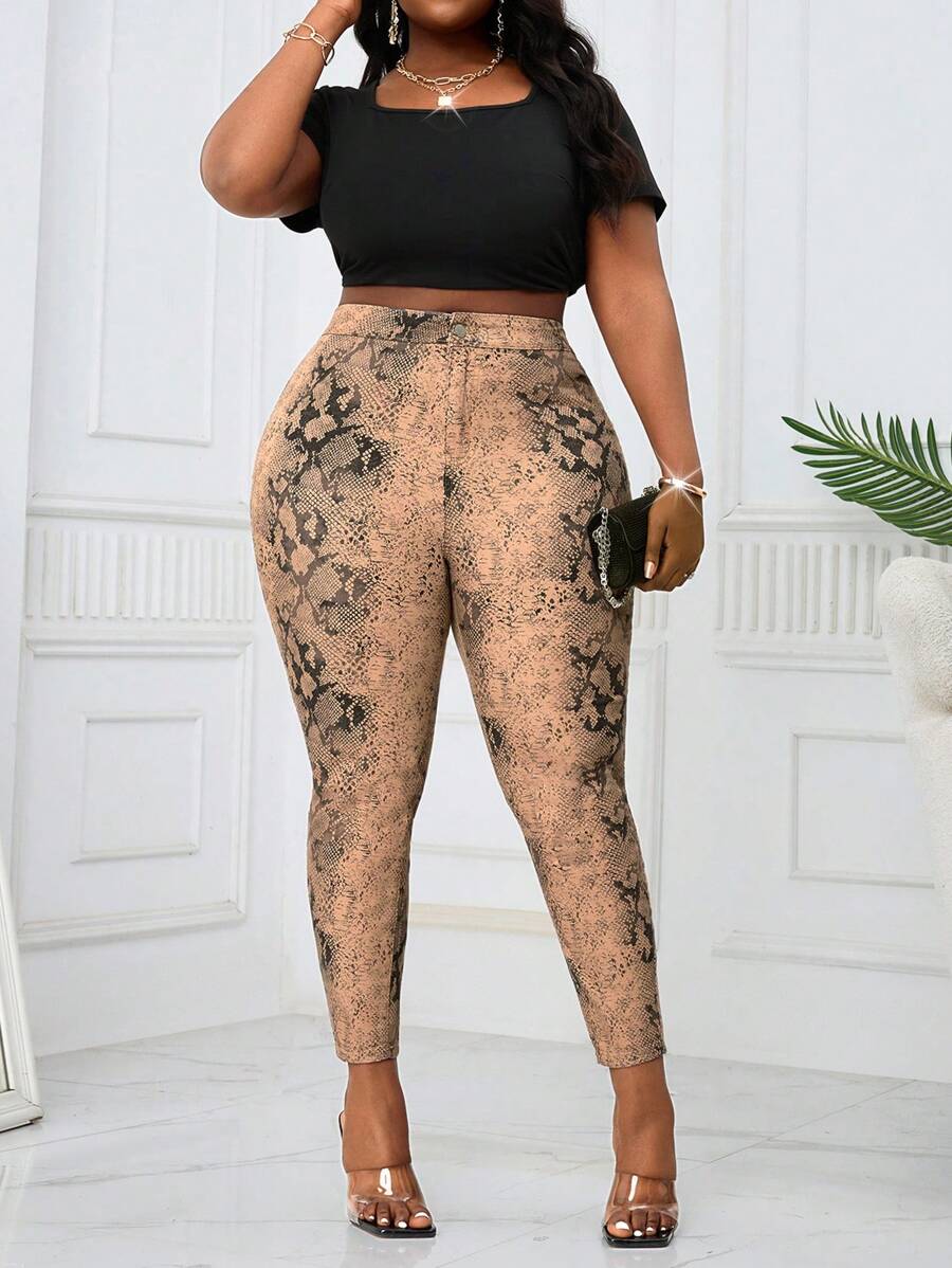 SHEIN EZwear 大码女式蛇纹弹力紧身七分牛仔裤高腰牛仔裤妈妈牛仔裤夏季裤子蛇纹工作服音乐会女装 - 彩色 - 查看 1