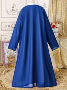 2pcs Set Teen Boys Golden Embroidery Splice Blue Chiffon Long Robe, Drop Shoulder Long Outerwear, White Stand Collar Long Sleeve Long Robe, Robe Set - Multicolor - View 2