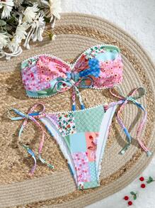 SHEIN Swim 2 件套复古花卉装饰抹胸可爱泳装套装