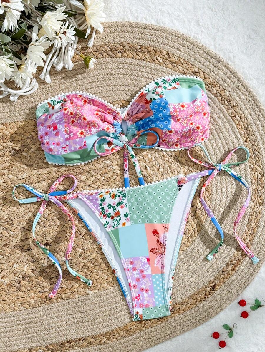 SHEIN Swim 2 件套复古花卉装饰抹胸可爱泳装套装