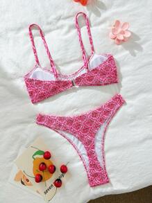 Swim Mod Women Beach Summer Outfits Bikini Set: Random Printed Spaghetti Strap Halter Neck Backless Tank Top And Random Printed High Cut Brazilian Briefs Bottom - Pink - View 2