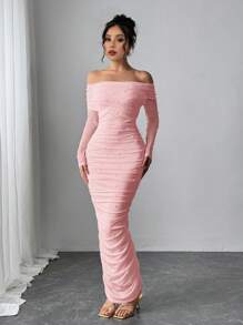 Firerie 女士优雅白色露肩珍珠装饰褶饰修身长裙，适合派对、约会或情人节的浪漫装扮 - 粉色 - 查看 4