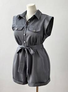 Sunspun Plus Size Women Lapel Cinched Waist Utility Jumpsuit Pants