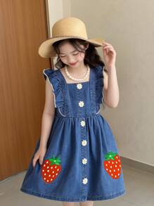 1pc Girls Casual Cute Collegiate Style Blue Woven Bleached Denim Strawberry Cap Sleeve Dress,Holiday,Summer,Travel - Blue - View 9