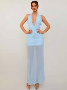 Aloruh Damen Sommerkleid mit tiefem V-Ausschnitt, geraffter Form, Schlitzdetail und Rüschensaum, Blau - Babyblau - Übersicht 1