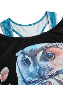 SHEIN LUNE Plus Size American Retro Casual Owl Pattern 2 In 1 T-Shirt - Multicolor - View 4