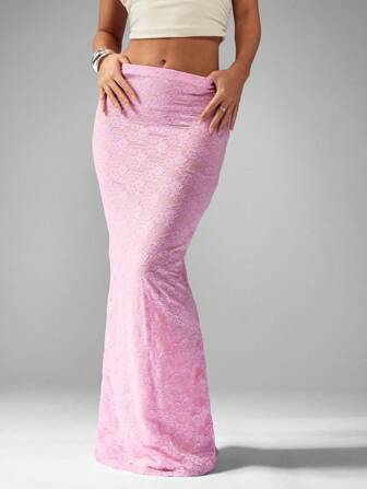 MISSGUIDED Luxury Maxi Lace Skirt Evening Party Wedding Occasion Full Length Form-Fitting Pink Summer Formal Elegant High Waist Side Cut-Out Detail Bridesmaid Dress