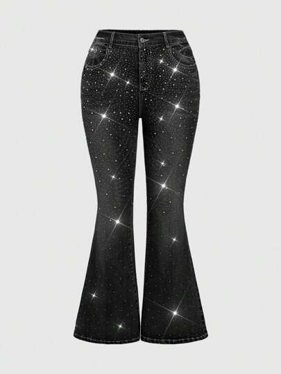 Kawaii Plus Size Rhinestone Embellished Flare Slim Fit Jeans