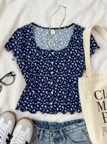 SHEIN 少女海军蓝碎花修身短款 T 恤，甜美迷人可爱上衣，适合春夏季、午餐、外出、干净女孩造型、家居服 - 寶藍色 - 查看 4