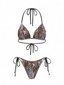 Swim SXY 3 件套豹纹纯色混合印花三角吊带性感优雅比基尼套装和长款网眼沙滩裙女士 - 彩色 - 查看 5