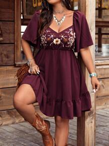 Ceyna 大码女式波西米亚风格刺绣方领荷叶边袖连衣裙 - 酒紅色 - 查看 3